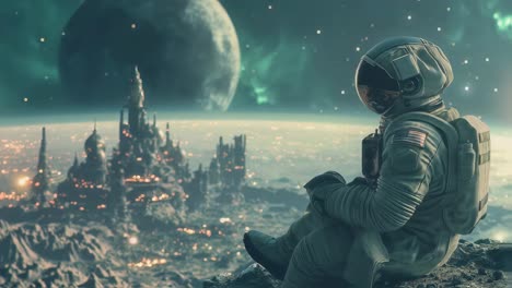 lone astronaut standing on rocky mountain peak, gazing at luminous futuristic city beneath vibrant aurora borealis on newly discovered exoplanet's dramatic alien landscape