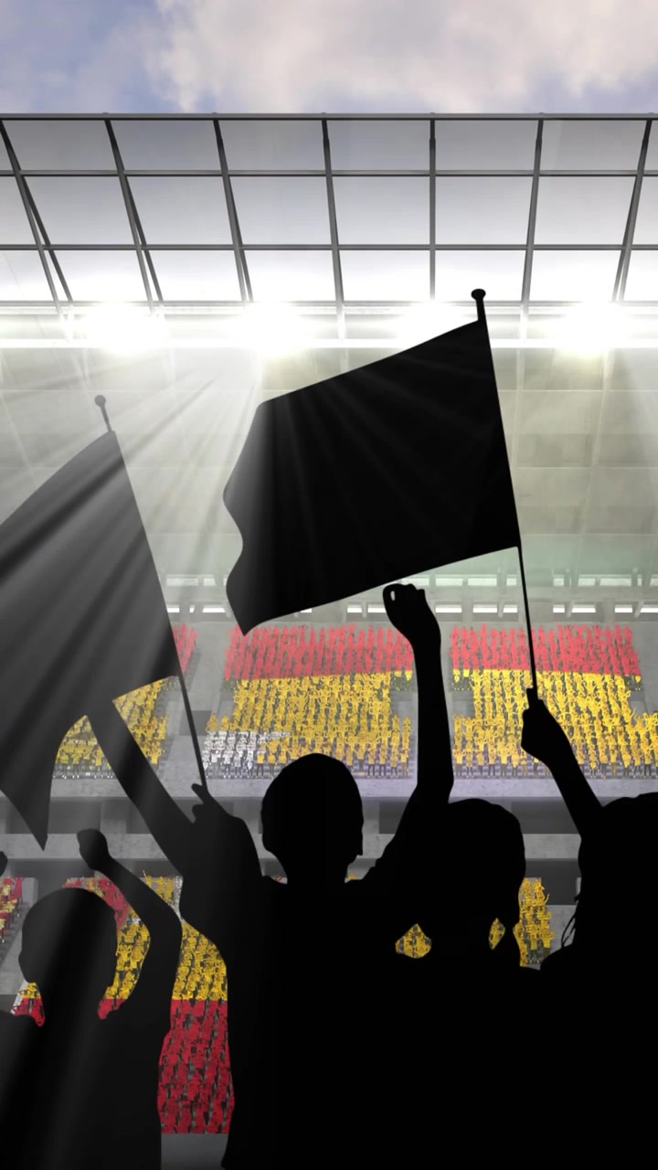 Animazione di sagome di tifosi che esultano con bandiera spagnola su uno stadio sportivo