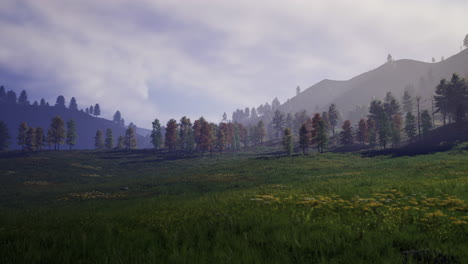 majestic mountains and serene meadows under a soft morning light