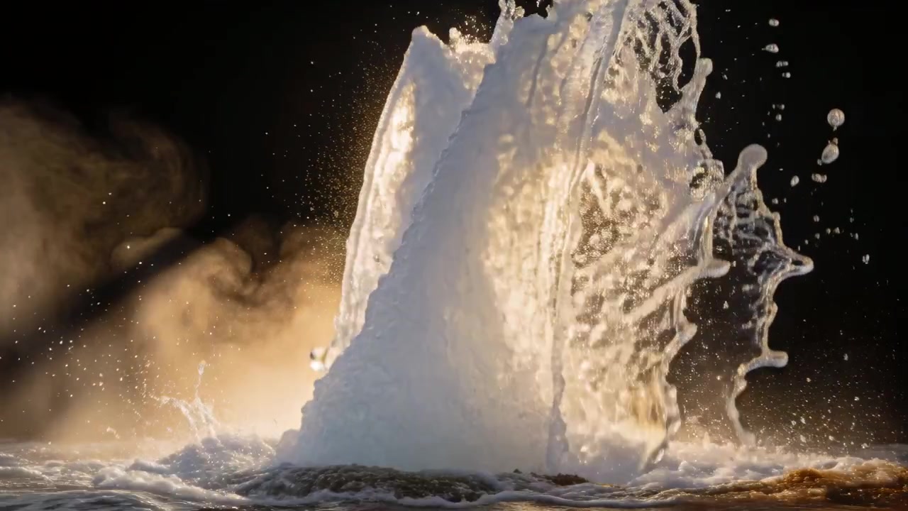 Erupting vertical water column rising from shallow basin, forming lit sheets and foamy spray