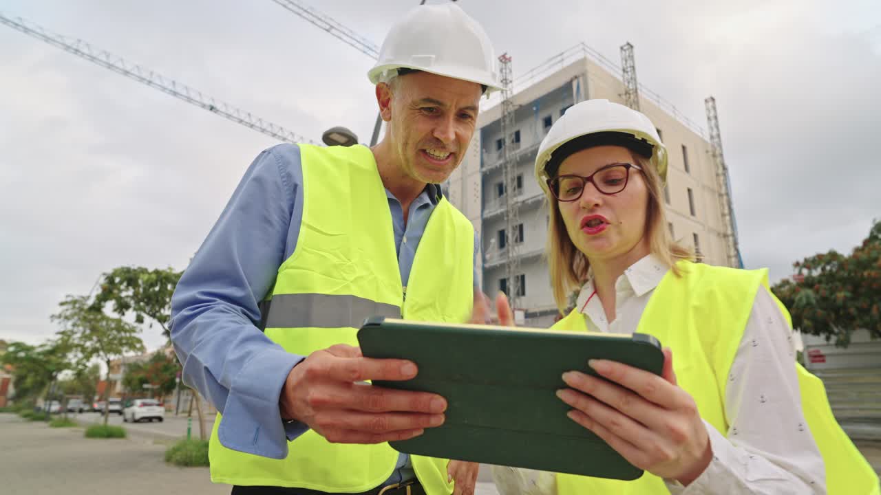 Engineers using a tablet on a construction site