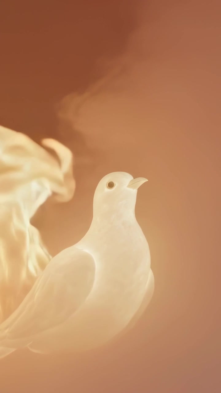 Video verticale: Una grande fiamma si accende dietro una colomba perlata, tremola e poi si ritira, illuminando la colomba.