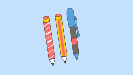 animación de los iconos de los artículos escolares que se mueven sobre un fondo azul
