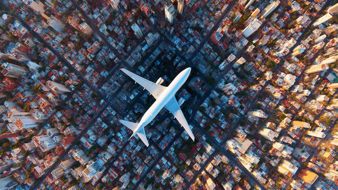 Aerial View of a Commercial Airplane Flying Over Urban Cityscape, Showcasing the Vibrant Architecture and Urban Density of the Surrounding Neighborhoods Below