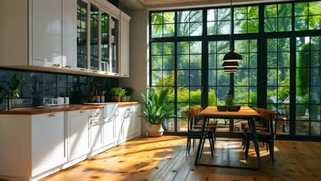 a kitchen with a table and chairs in it