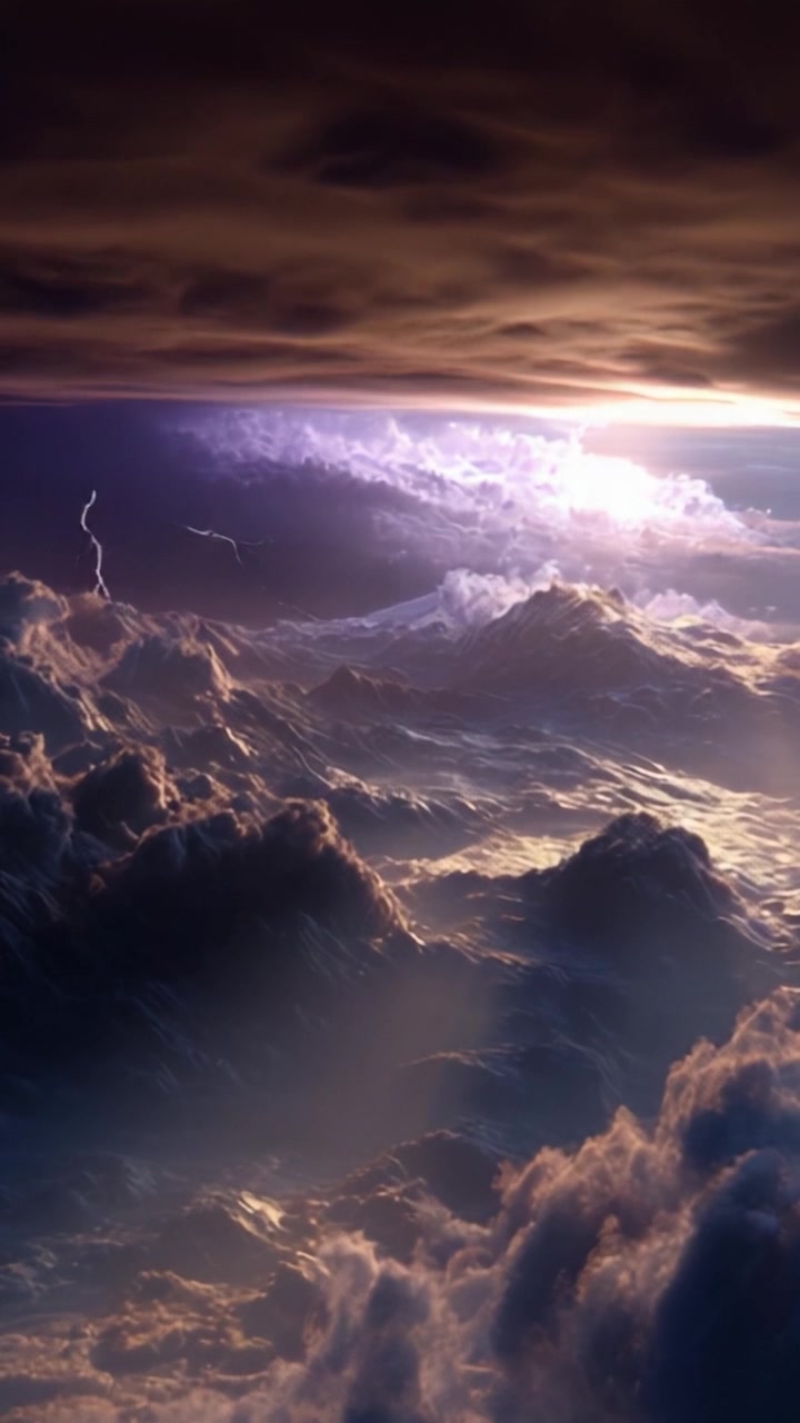 Cieli drammatici su mari in tempesta: uno spettacolo mozzafiato di fulmini e formazioni nuvolose sopra maestose onde montuose in una scena cinematografica