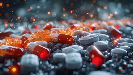 assortment of pharmaceutical pills and capsules with abstract glowing background