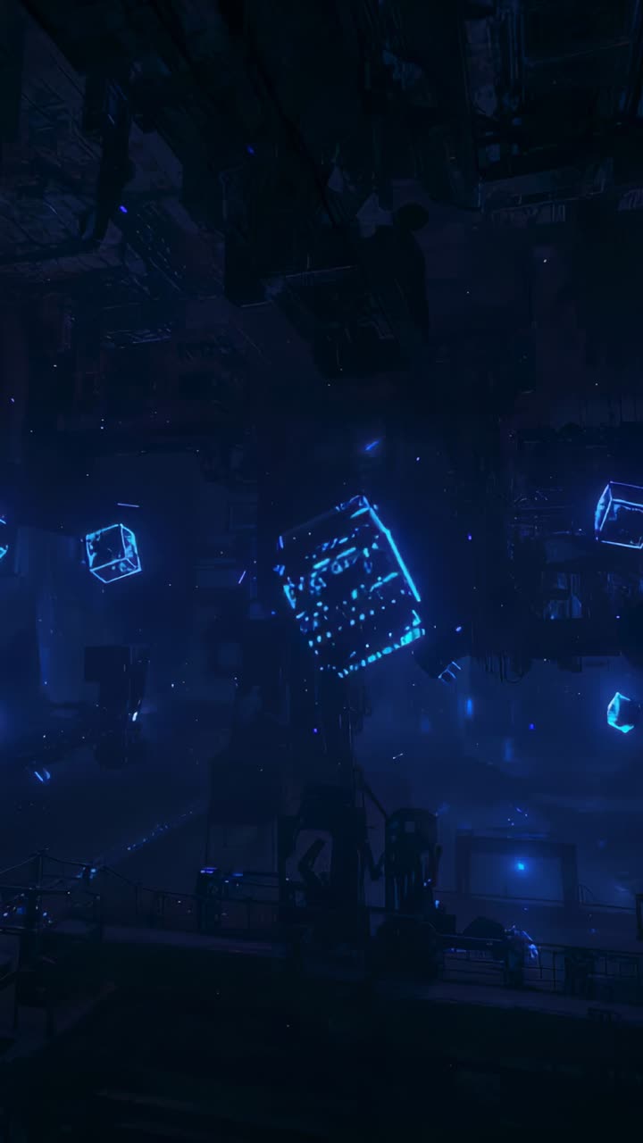 Vertical video: Powering central cube rotating and pulsing in lab with orbiting cubes