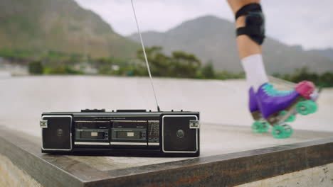 closeup of a retro radio panning to cool urban