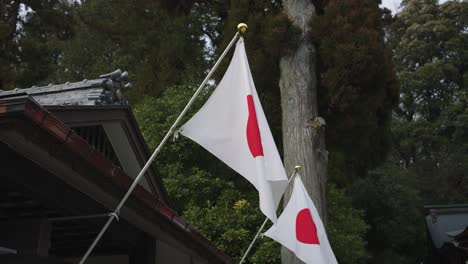 japan's flag flying outside of shrine in countryside