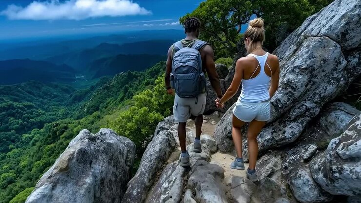 Un hombre y una mujer caminando de la mano mientras suben una montaña