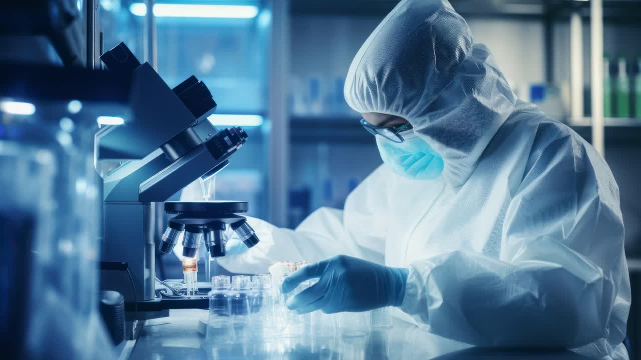 Scientist in protective gear examines samples under a microscope in a lab