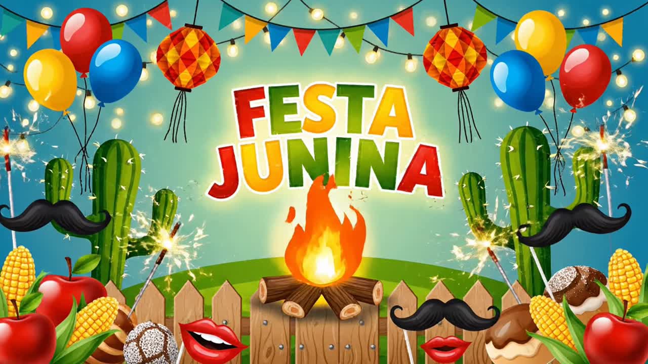 Banner de celebración de Festa Junina con hoguera y decoraciones de fiesta