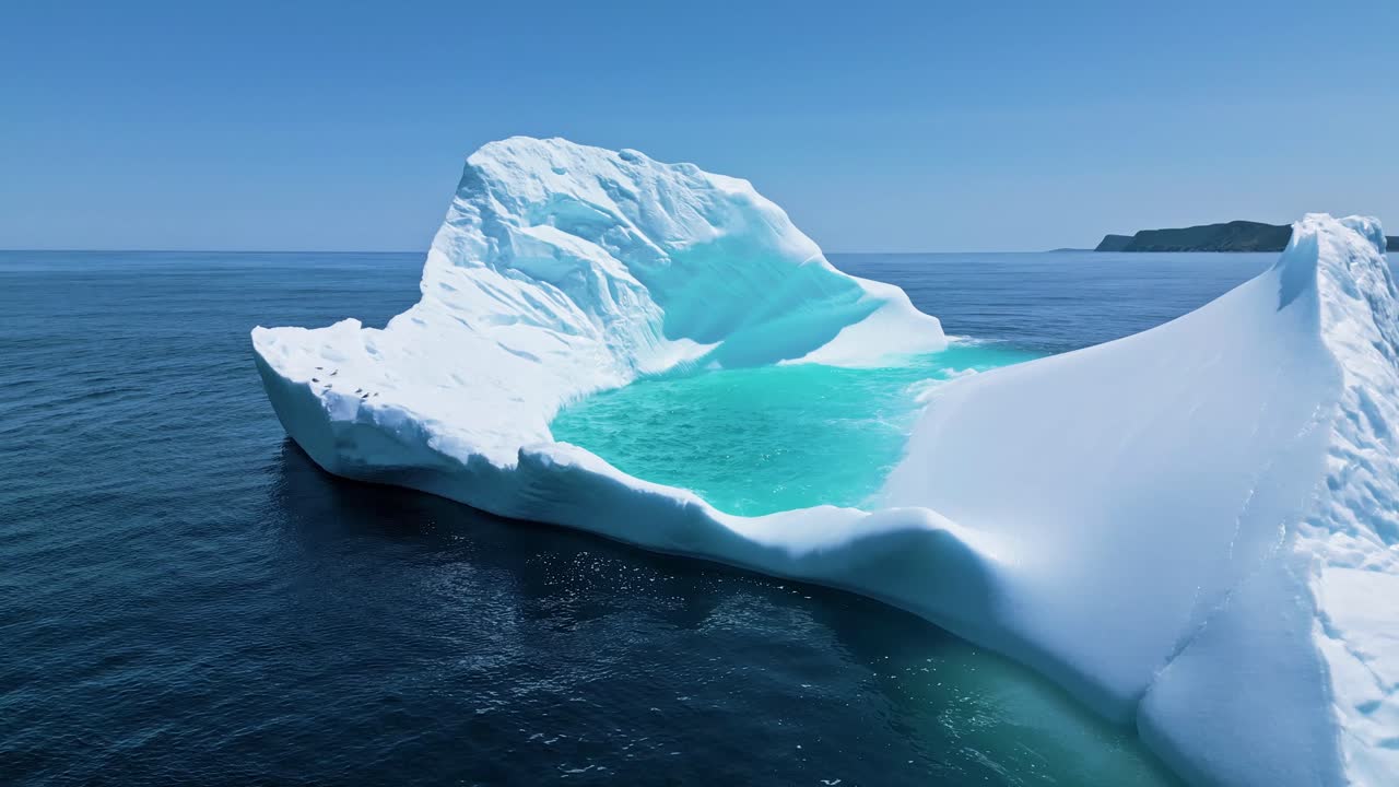 Aerial footage of a large iceberg off Flatrock, Newfoundland, featuring vivid turquoise meltwater in calm Atlantic waters.