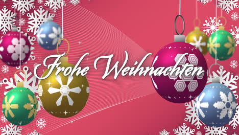 Animation-Von-„Frohe-Weihnachten“-Text-Und-Weihnachtskugeln-Auf-Rosa-Hintergrund