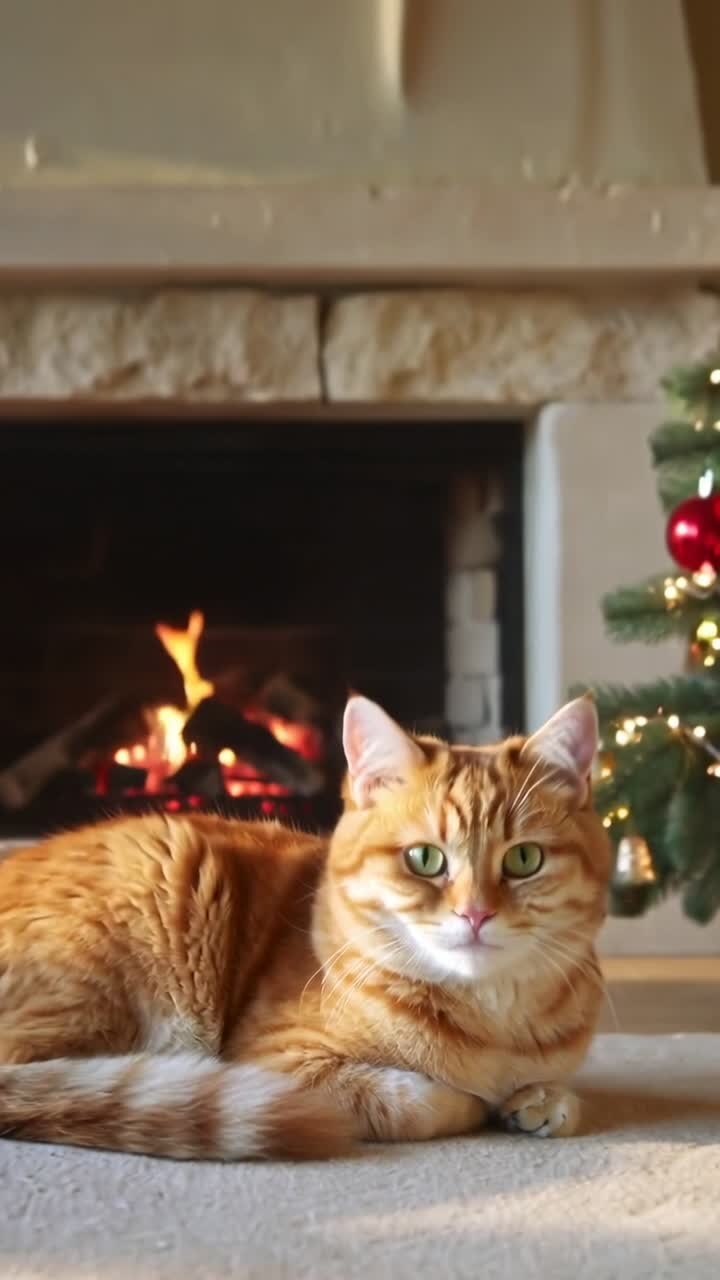 Vertical video: Pulling back camera revealing ginger cat on carpet before fireplace, Christmas tree