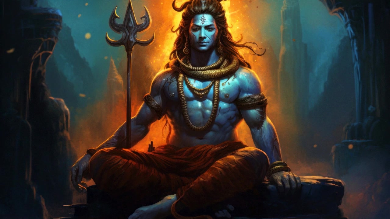 Il Signore Shiva che medita in un ambiente mistico e divino