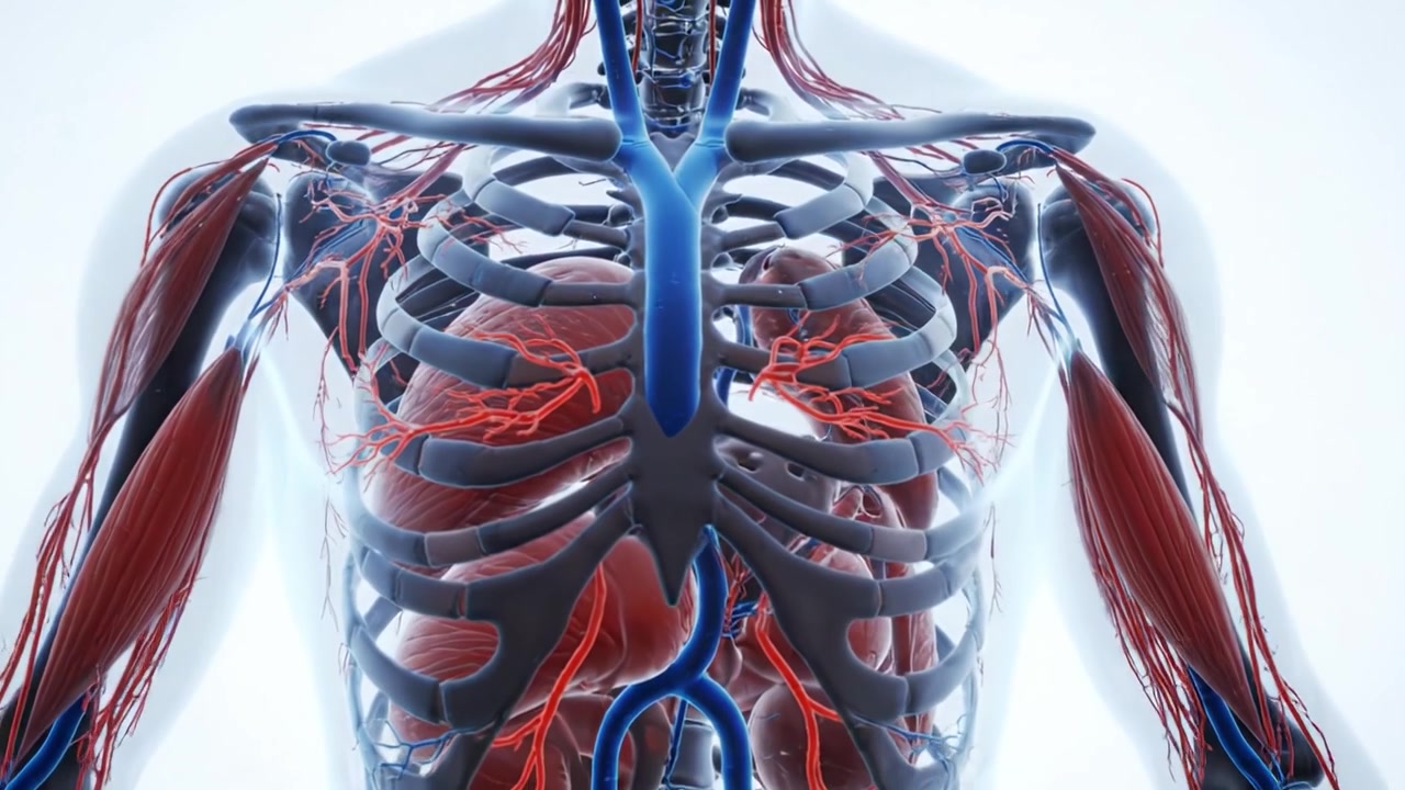 Visualización detallada de la anatomía humana: Explorando las complejas interconexiones dentro de las estructuras esqueléticas y cardíacas en un modelo de cuerpo transparente.