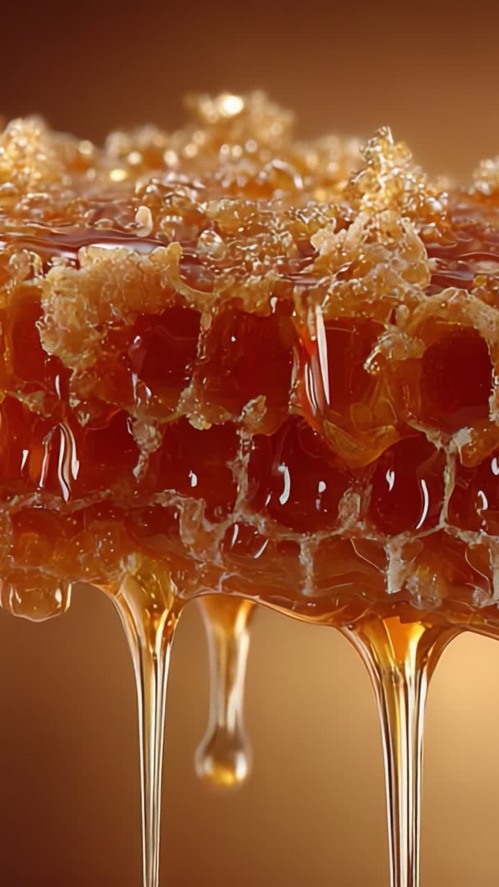 Un primo piano di un favo gocciolante: la dolcezza della natura catturata in gloriosi dettagli, che mostra il miele dorato che cola dalle celle di cera.