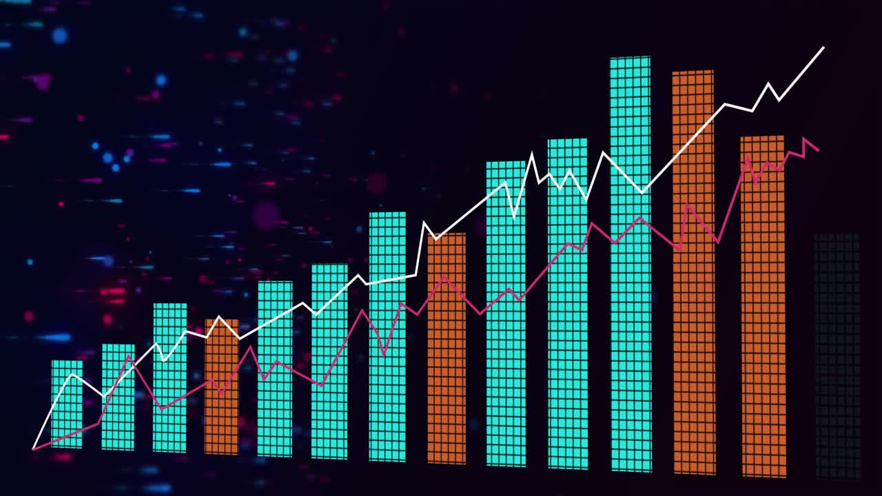 Neon strokes appearing left, starting bar-line chart forming rightward, highlighting rising trends