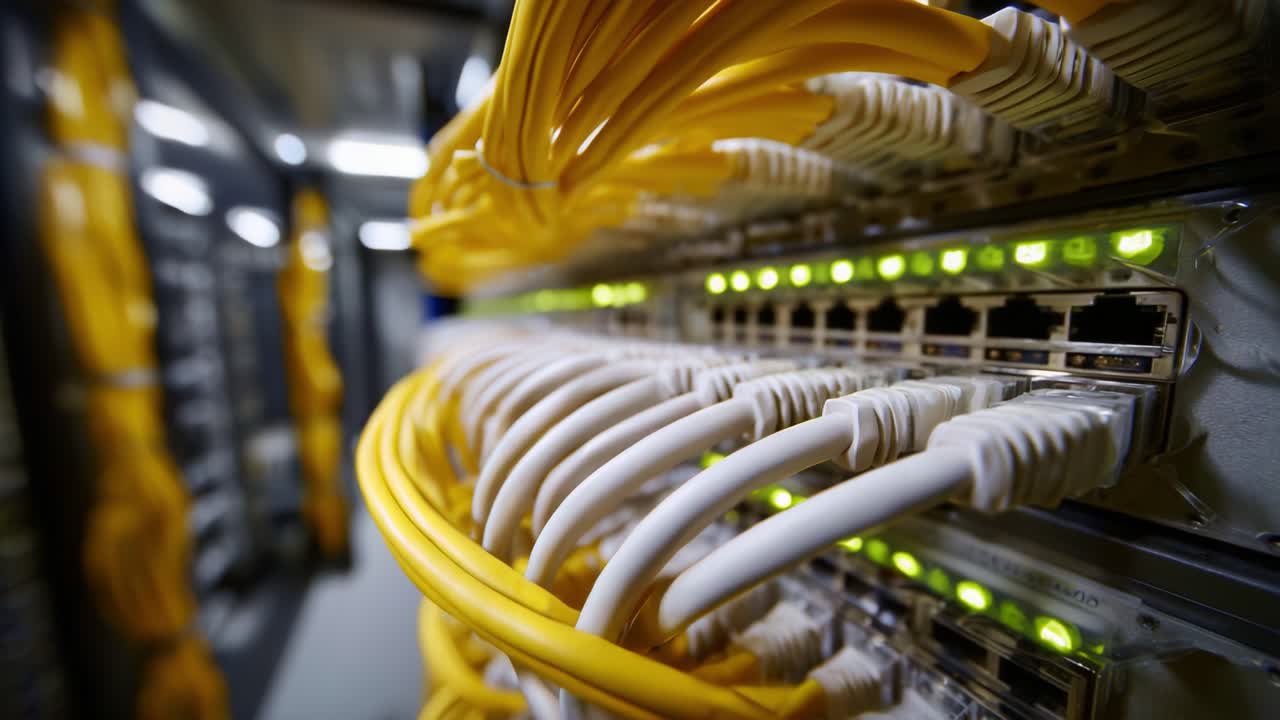 A Close-Up View of Network Switches with Yellow and White Ethernet Cables Highlighting the Complexity of Data Connections in a Modern Data Center