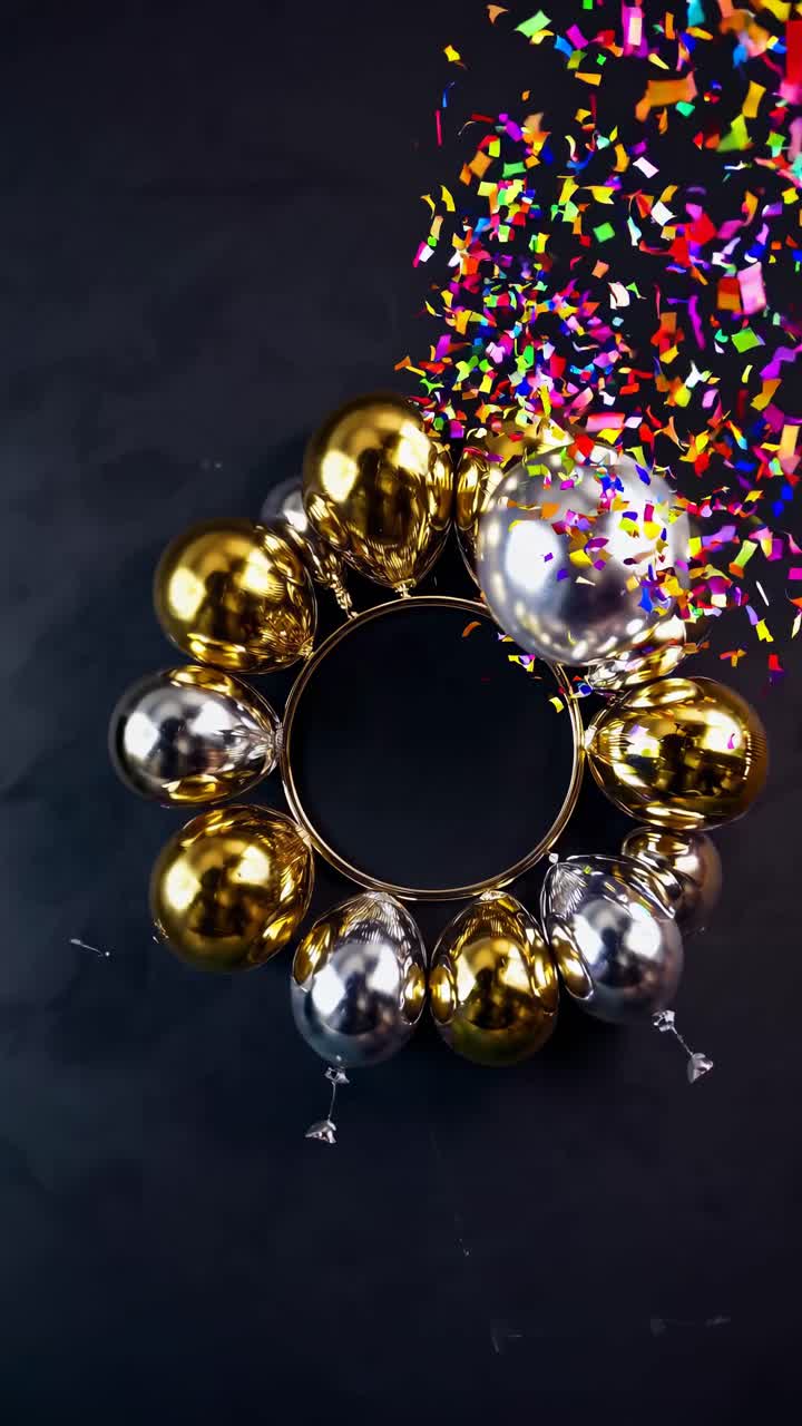 Top-down video of gold and silver balloons arranged in a circle on a dark background, with colorful