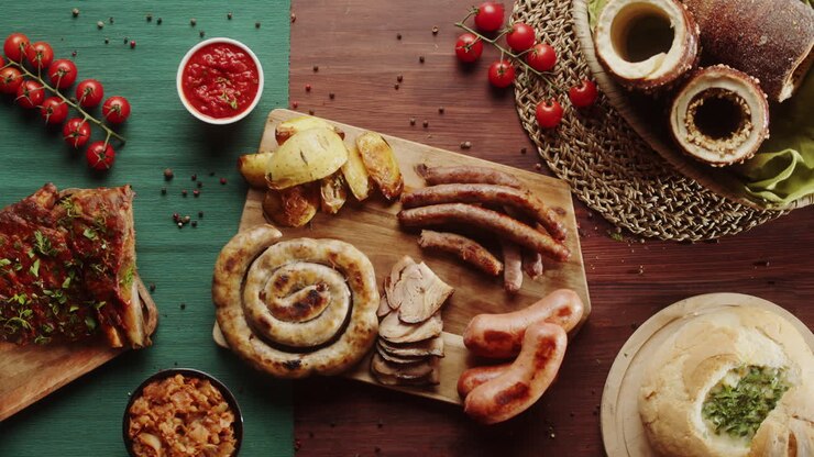 Piatto tradizionale di carne alla griglia con salsicce, costine e patate
