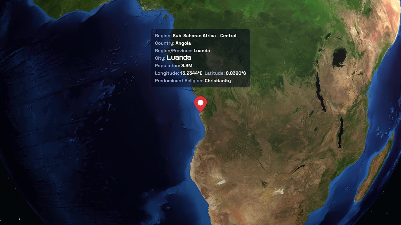 Earth Rotating and Zooming to Luanda, Angola with Information Display