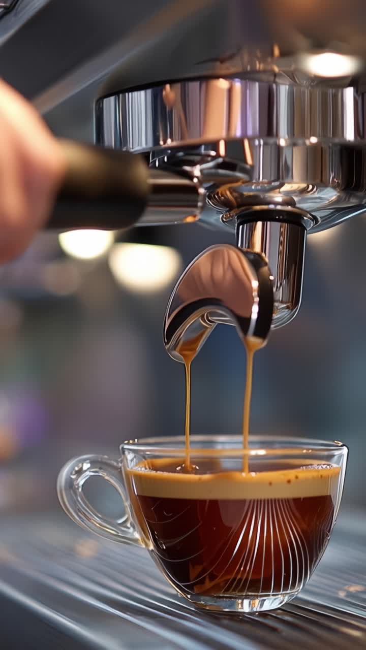 Un caffè espresso perfetto che viene estratto da una macchina da caffè in una tazza di vetro trasparente, mostrando una crema ricca e unici effetti di colatura con immagini splendide.
