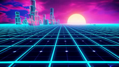 neon synthwave cityscape with grid and sunset