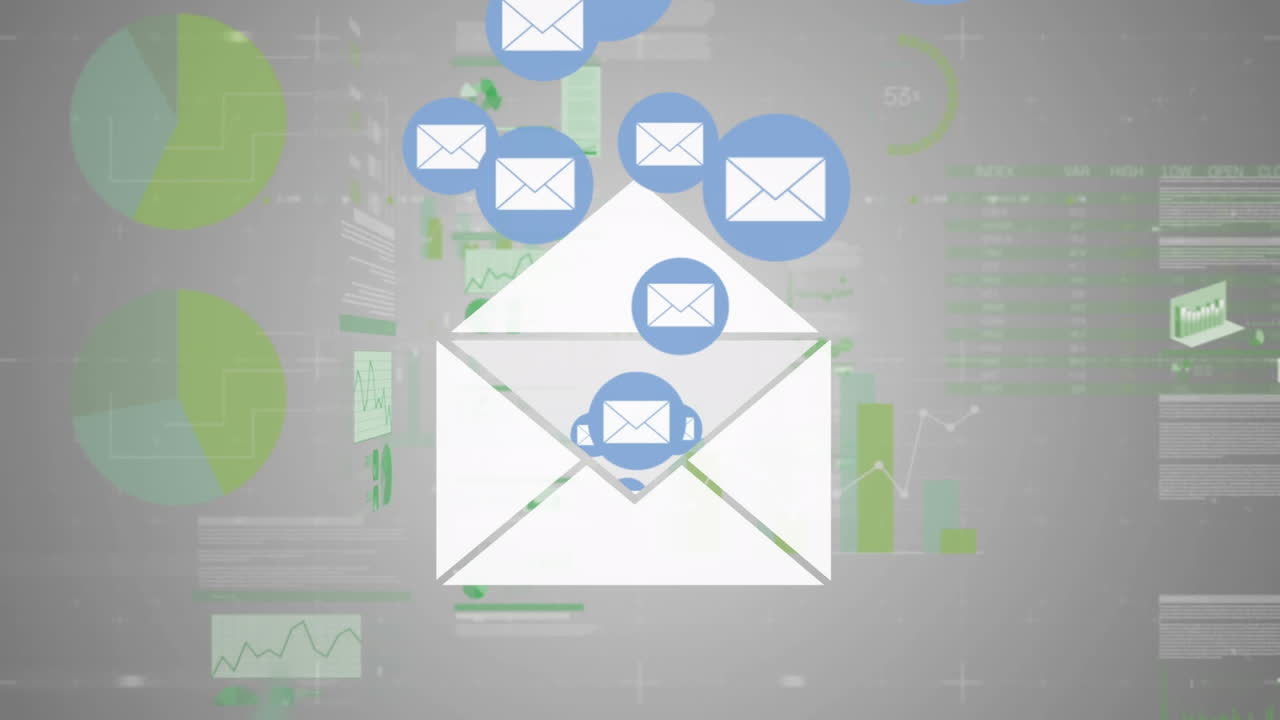 Animation of email icons over digital data on grey background