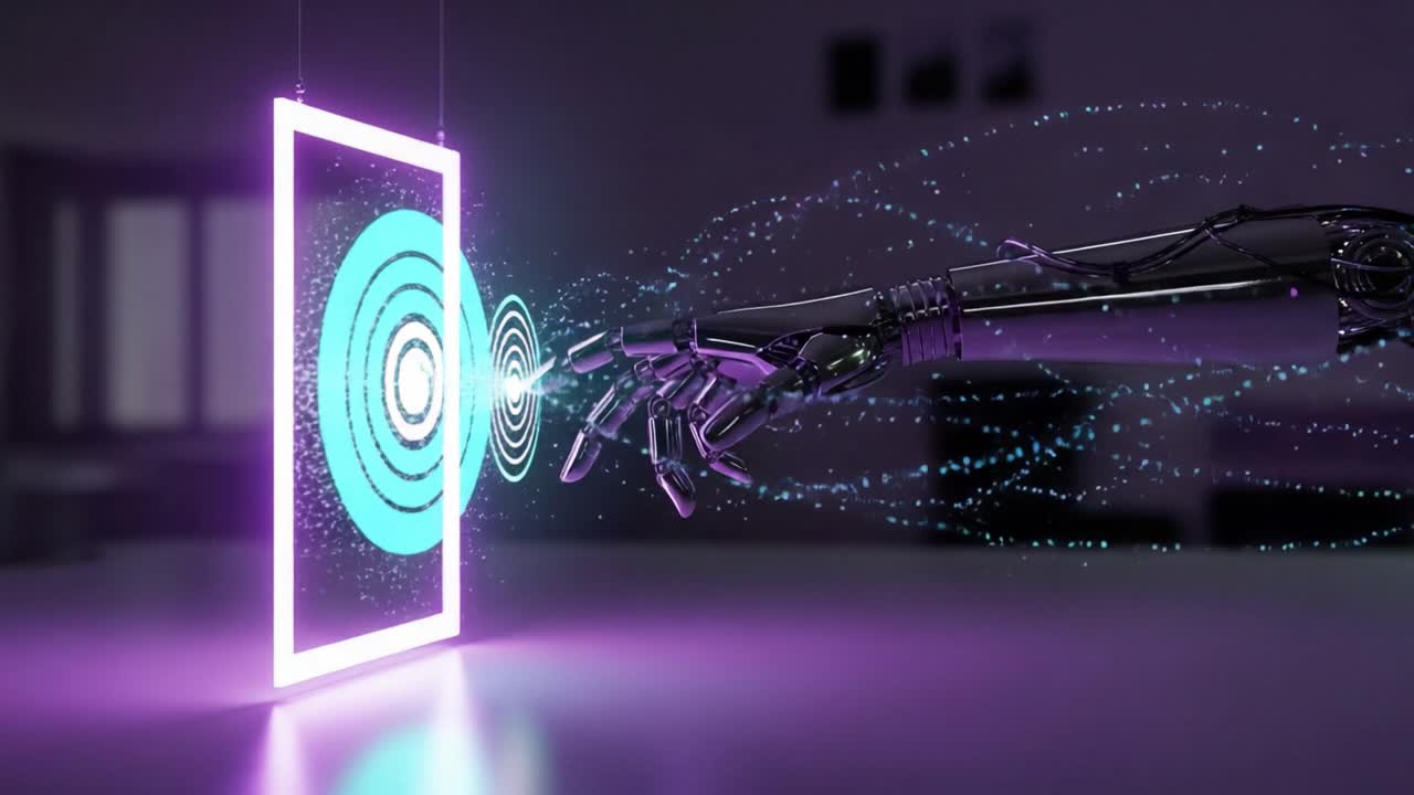 A Futuristic Robotic Hand Reaching Out to a Pulsating Energy Portal, Representing the Intersection of Technology and Interactivity in a Digital Realm