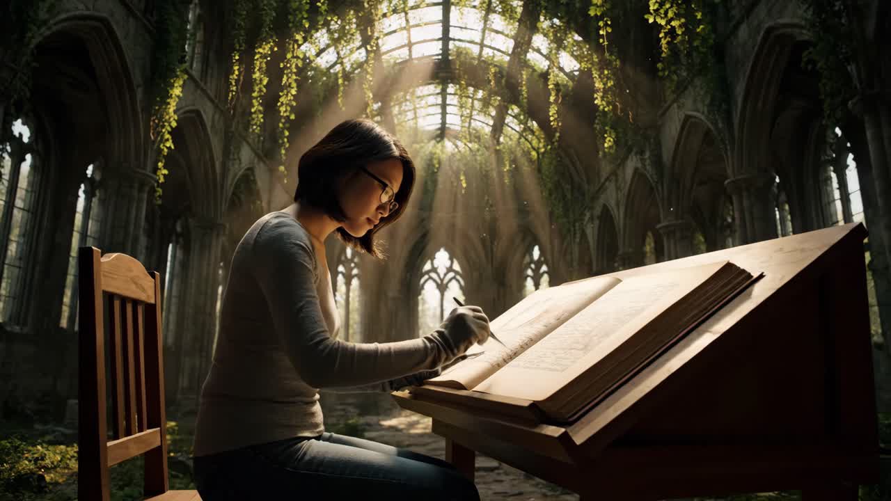 Woman writing in an abandoned gothic cathedral