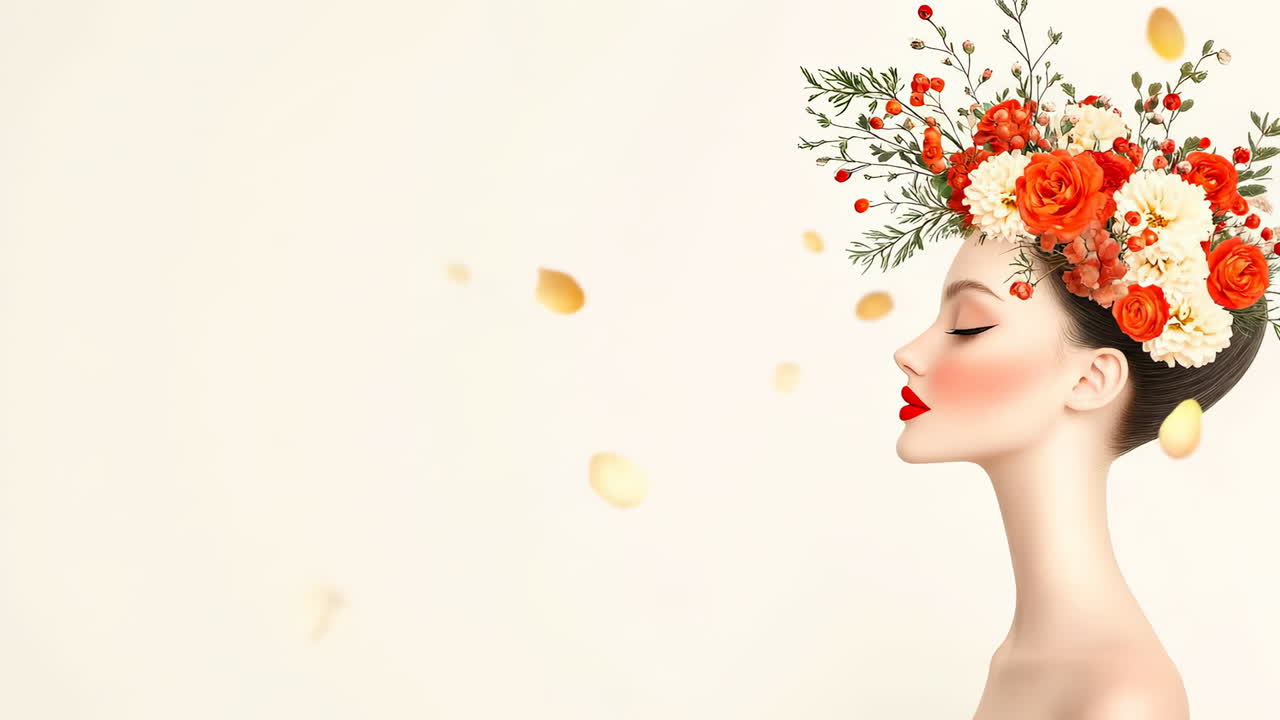 Vibrant floral beauty. A woman poses with a stunning flower crown, featuring orange and white blooms, showcasing her graceful profile