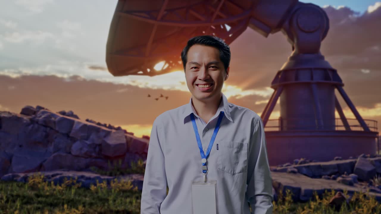 Shot Captures Of An Asian Male Professional Worker Standing With Large Satellite Dish, His Broad Smile At The Camera
