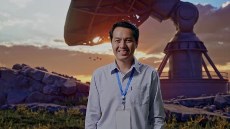 shot captures of an asian male professional worker standing with large satellite dish, his broad smile at the camera