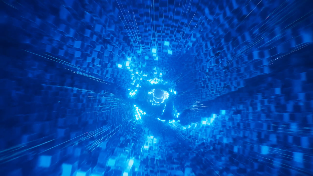 Blue Digital Tunnel Of Pixels Streaming Forward, Glowing Cubes Cascade Along Corridor Of Light Network
