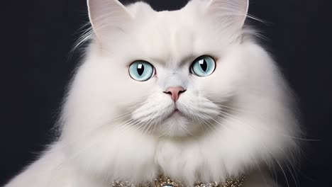 beautiful white long haired cat with blue eyes wearing a jeweled necklace poses on a black background, creating an elegant and luxurious portrait