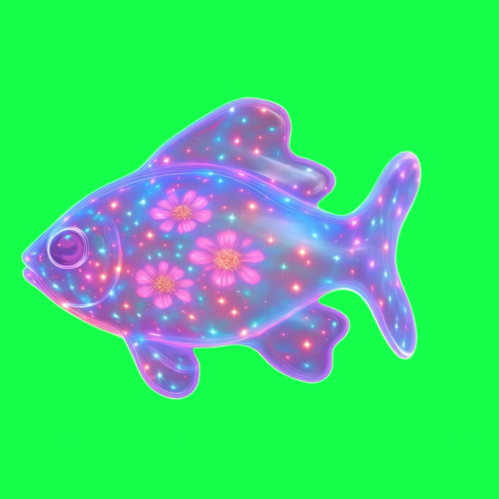 Pesce trasparente animato con fiori e stelle luminosi su schermo verde