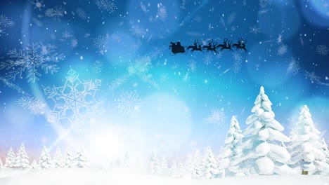 Animation-Des-Weihnachtsmanns-In-Schlittensilhouette,-Der-über-Eine-Verschneite-Winterlandschaft-Und-Schneeflocken-Fliegt