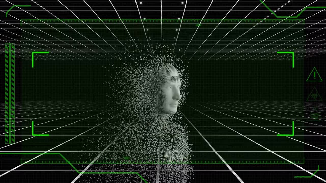 animación de busto humano formado con partículas grises con pantalla digital