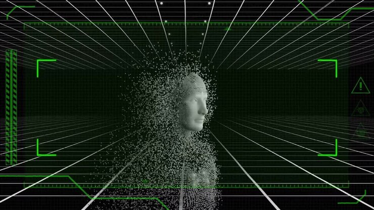Animation of human bust formed with grey particles with digital screen