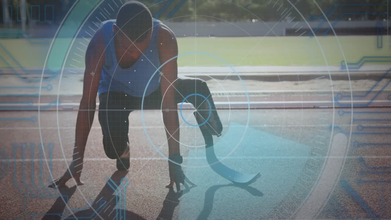 animación del procesamiento de datos digitales sobre un atleta masculino discapacitado con cuchillas de correr en la pista de correr