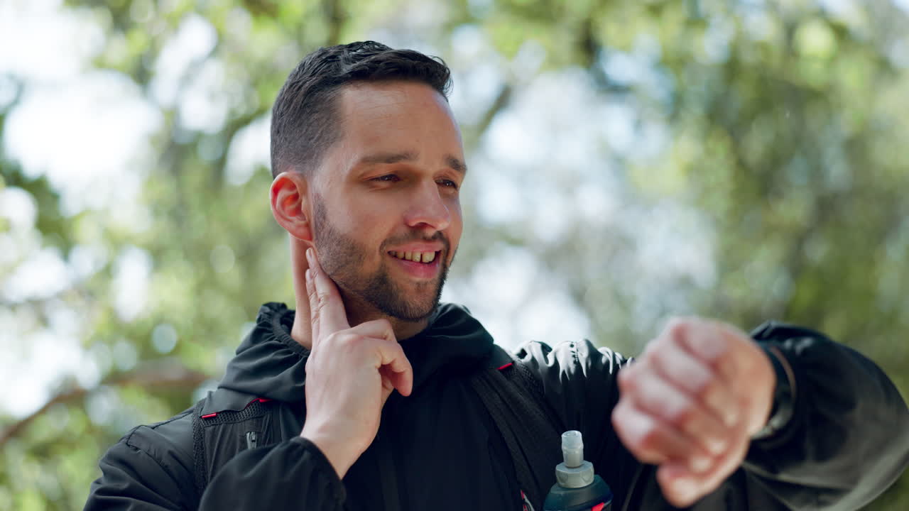 Fitness, man and watch check time in nature