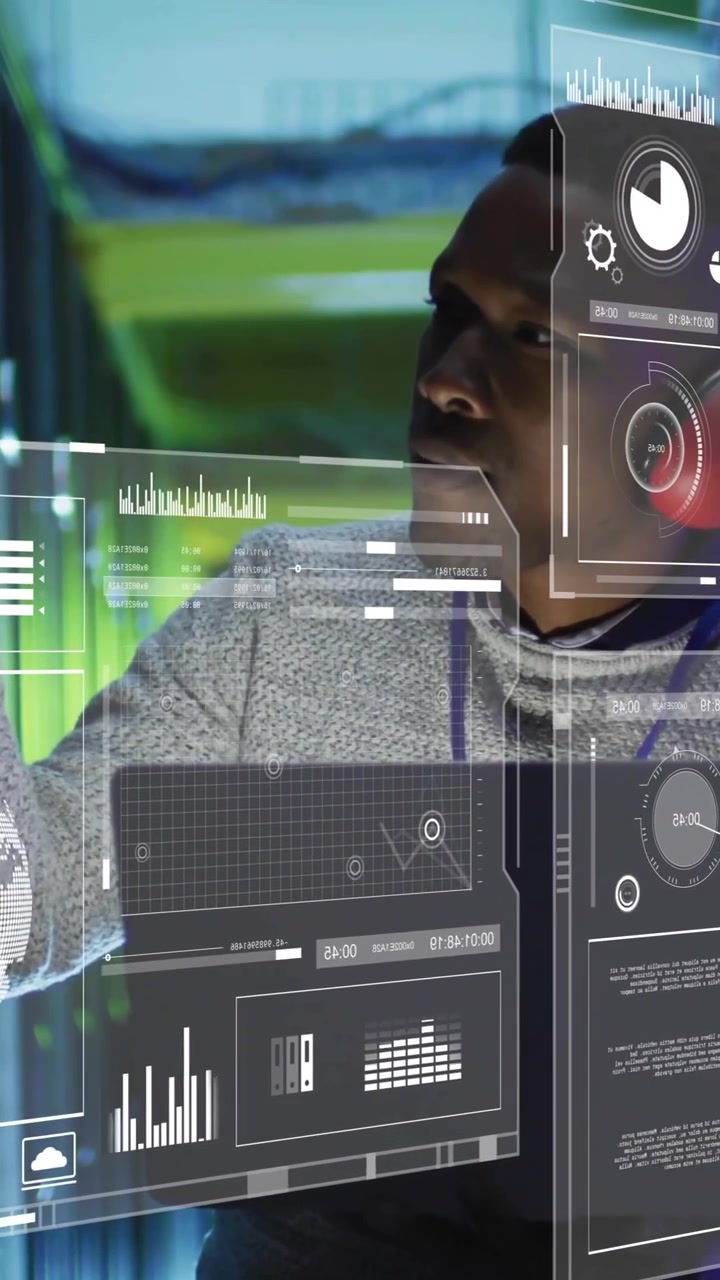 Animation of financial data processing over african american businessman in server room