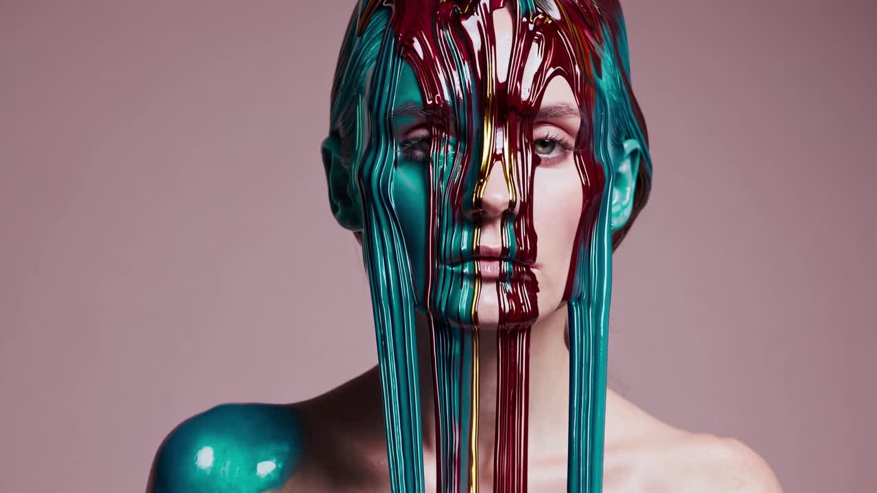 Colorful paint dripping across model's skin, teal, gold, red hues cascading dramatically against vibrant pink backdrop, generating striking artistic visual