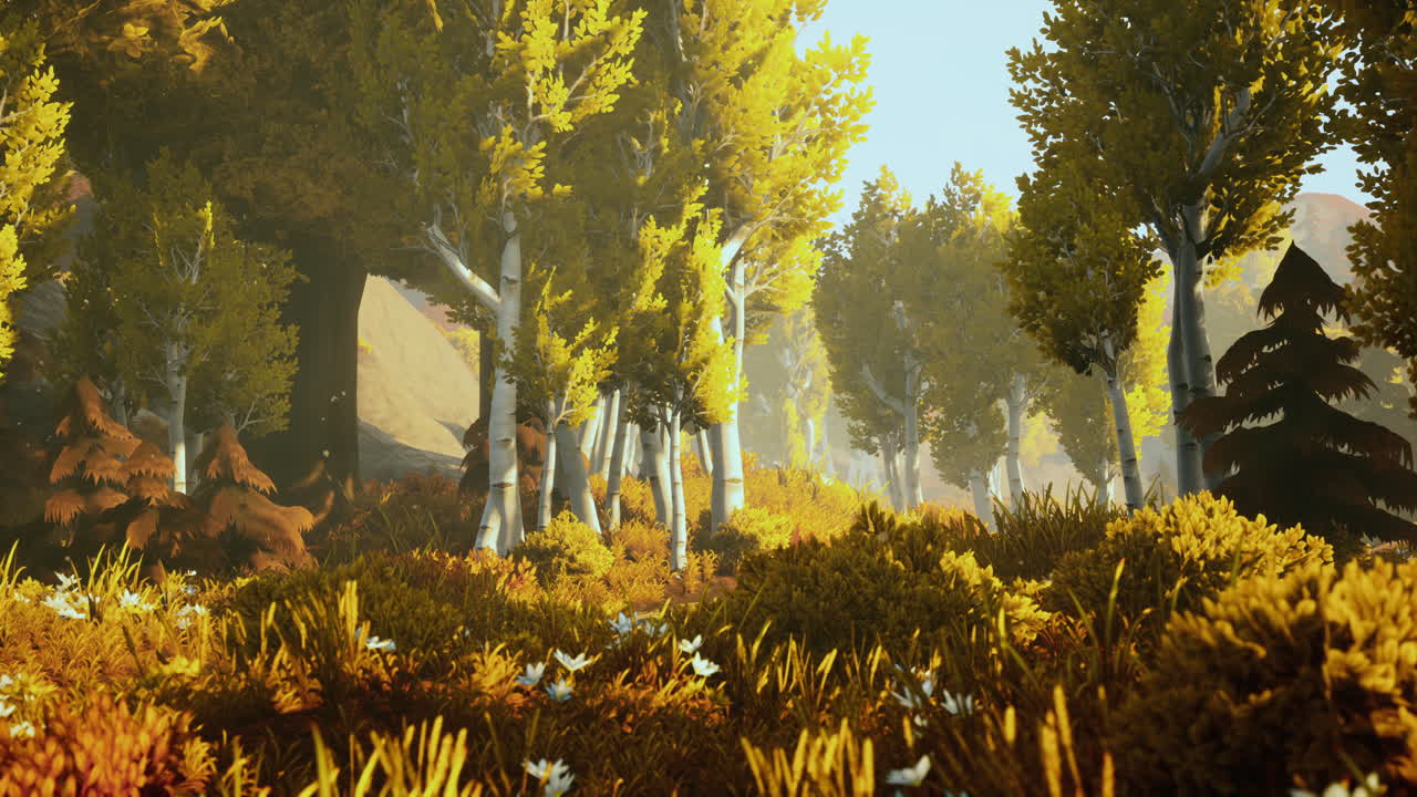 만화의  ⁇ 빛이 나무들을 가로질러 흐르고 있습니다.