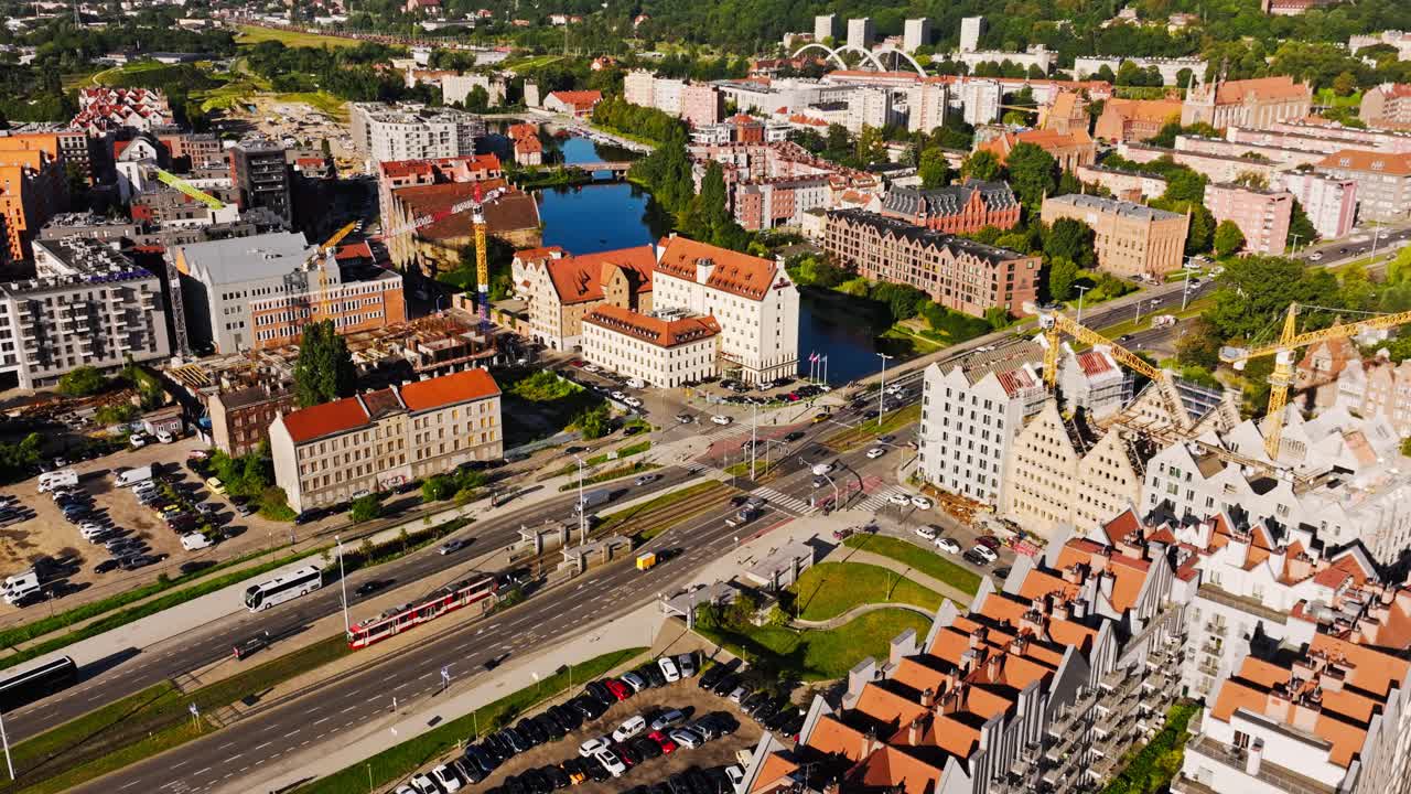 Drone footage of Gdansk city morning highlights daily urban work rhythm
