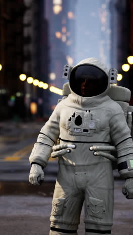 astronaut standing on a city street at night