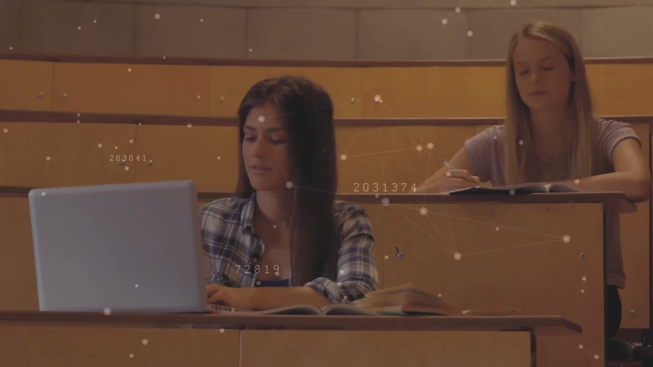 Animation of two women sitting in a classroom over a web of connections